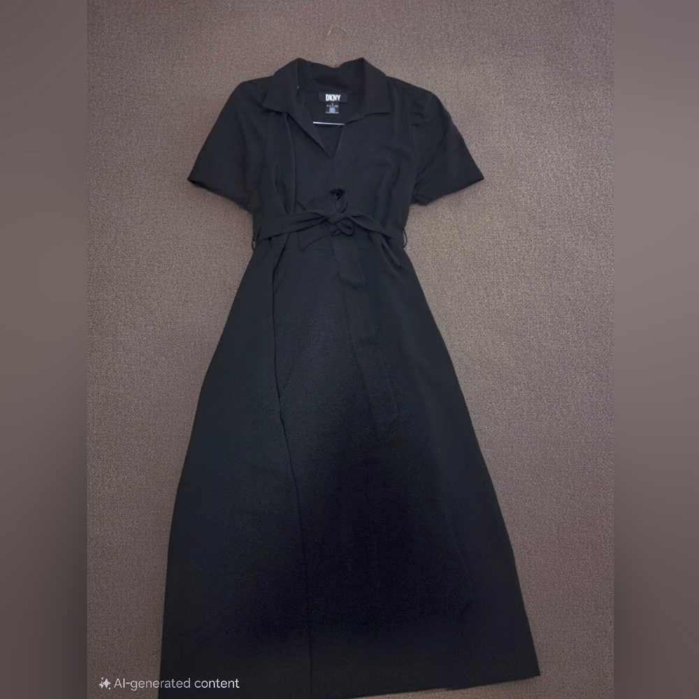 DKNY Black Notched Collar A-Line Dress